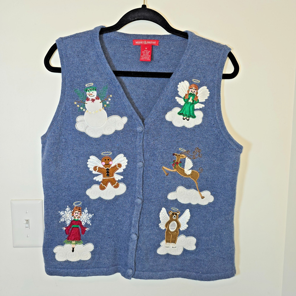 Vintage Embroidered Angel Cat Dog Knit Holiday Button Up Vest Women's Size M